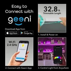 Outlet ✔️ Geeni 9.8 ft. Smart Wi-Fi LED Multi-Color Strip Lights, Under Cabinet Light, Compatible with Alexa and Google Assistant 🌟 -Cheap Cabinet Lights Store multicolored geeni under cabinet lights gn ew009 999 31 1000