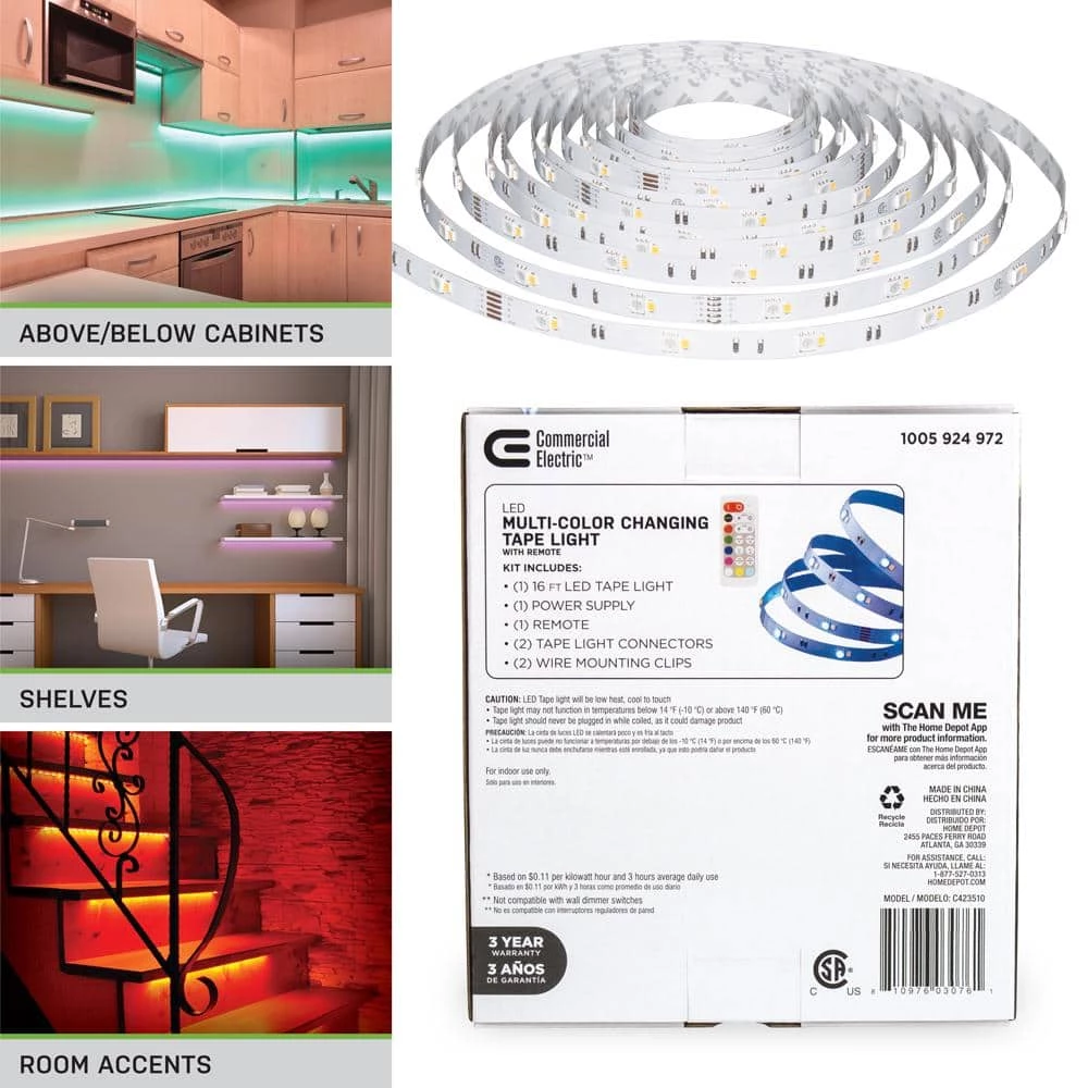 Outlet 🛒 Commercial Electric 16 ft. LED White and RGB Tape Light Kit- Under Cabinet Light 💯 7 Outlet 🛒 Commercial Electric 16 ft. LED White and RGB Tape Light Kit- Under Cabinet Light 💯 - Image 5