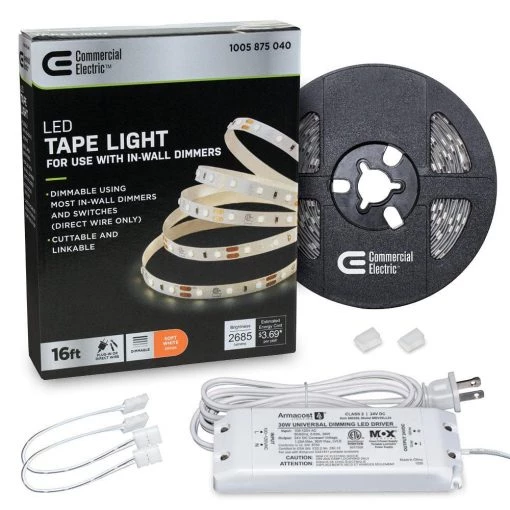 Coupon 🔔 Commercial Electric 16 ft. LED AC Dimmable White Tape Light Kit Under Cabinet Light 🎁 -Cheap Cabinet Lights Store white commercial electric under cabinet lights c421511 64 1000