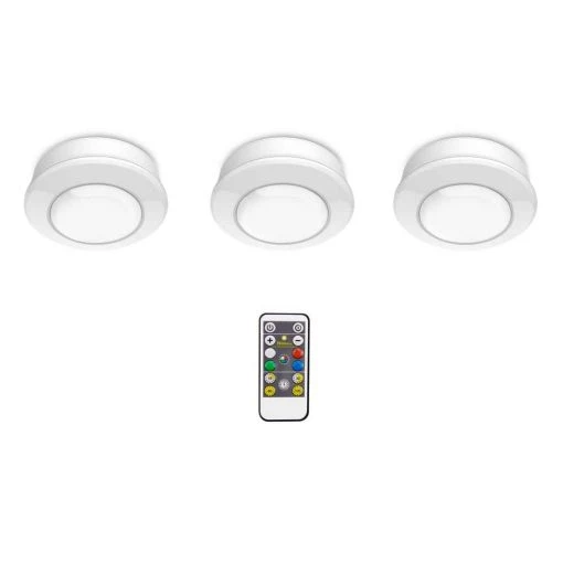Discount 💯 Defiant Remote Control 3.11 in. LED White Color Changing Puck Light (3-Pack) 🔥 -Cheap Cabinet Lights Store white defiant puck lights h 86rf rgb 3pk 64 1000